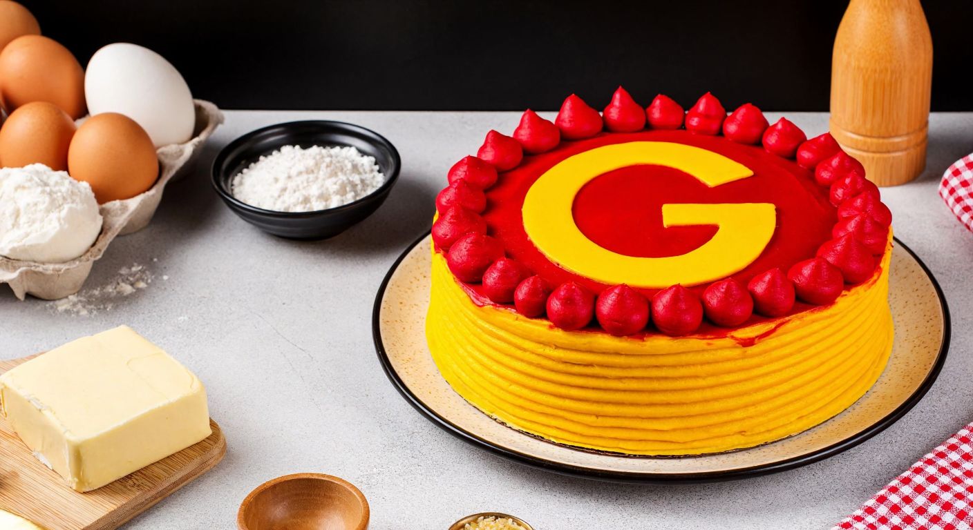 A vibrant, layered cake decorated with red and yellow sugar dough forming the Galatasaray emblem, placed on a kitchen counter with scattered baking ingredients like eggs, flour, and melted butter nearby.
