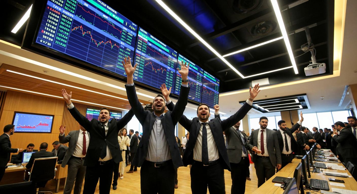 A bustling Istanbul stock exchange floor with traders in formal attire gesturing excitedly, framed by a large digital ticker board (without text) displaying fluctuating graphs, under warm Turkish office lighting.