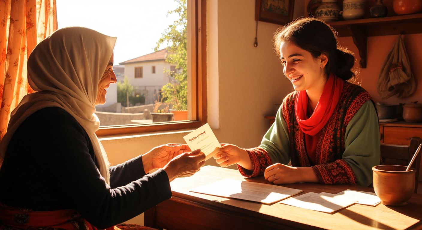 A warm-hearted elderly woman in a modest headscarf hands a small donation envelope to a smiling young volunteer at a simple wooden desk inside a sunlit Turkish charity office.