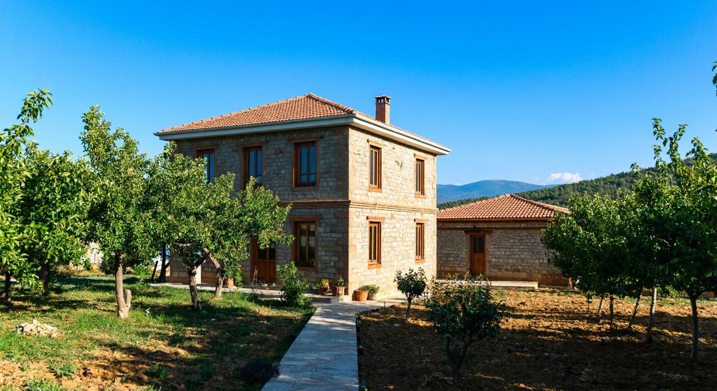 A traditional Turkish countryside scene with a detached stone house and a smaller, low-roofed outbuilding made of brick, separated by a sunlit garden with fruit trees, under a clear blue sky.