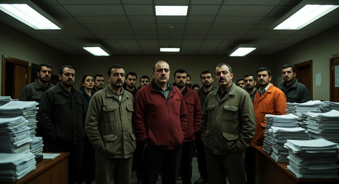 A weary group of public workers in Turkey, dressed in simple uniforms, stand in a dimly lit government office with stacks of paperwork, their tired faces reflecting frustration and exhaustion under harsh fluorescent lighting.