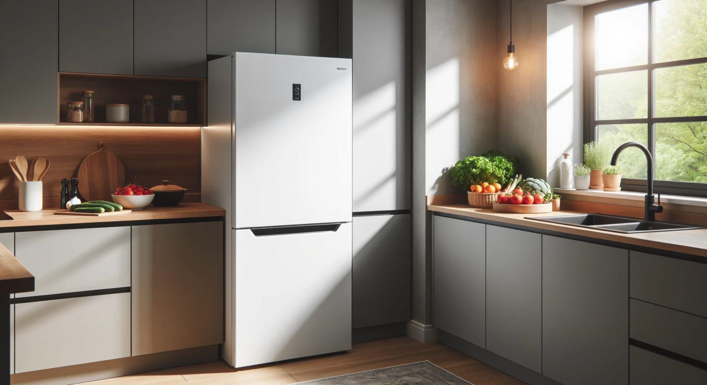 A modern white Grundig refrigerator stands in a tidy Turkish kitchen, bathed in warm sunlight, with fresh produce neatly arranged on the counter nearby.