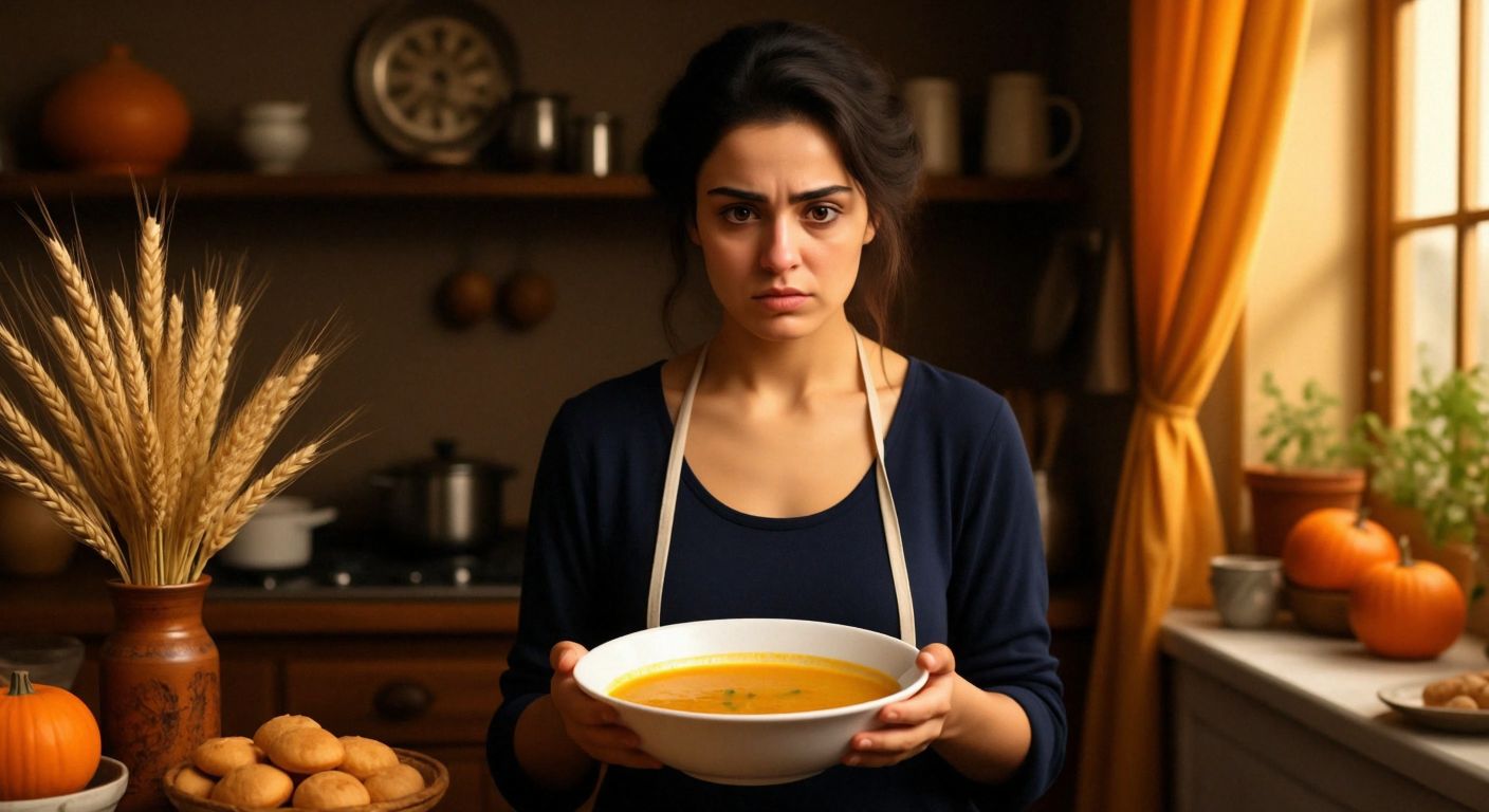 A concerned Turkish woman in a cozy kitchen holds a bowl of golden-brown tarhana soup, frowning slightly as she looks at a wheat stalk placed beside it.
