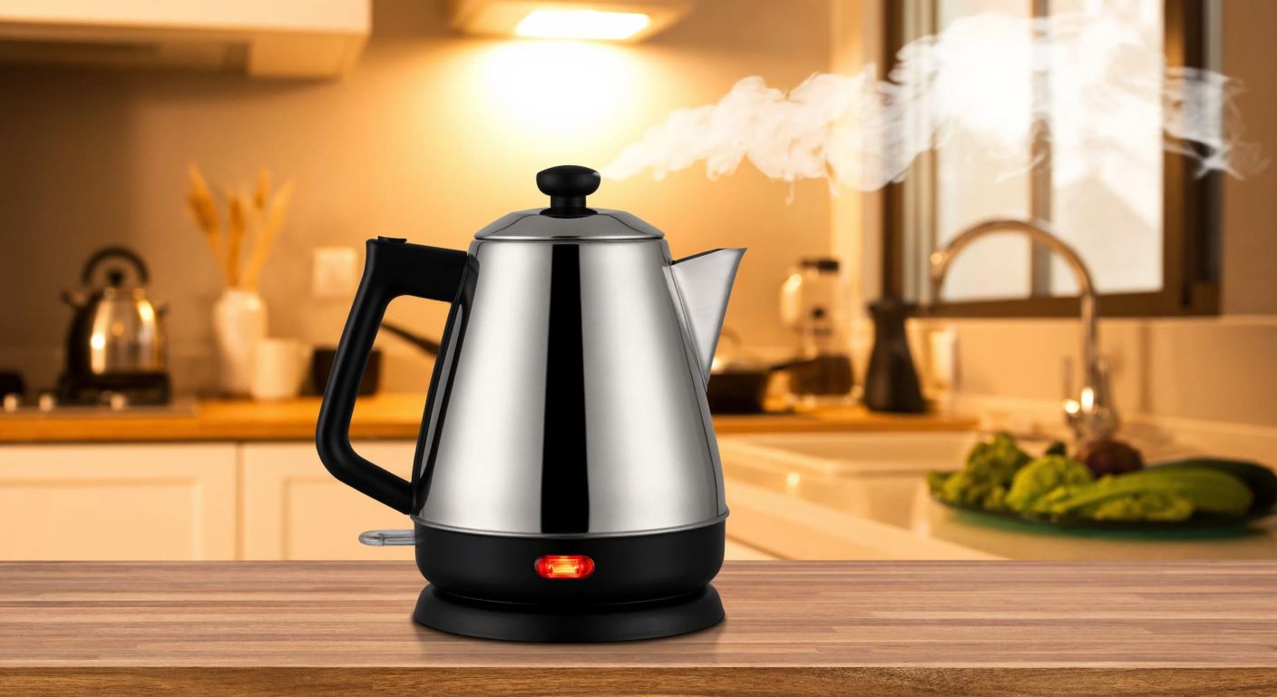 A sleek stainless steel electric kettle with a wide base and modern design sits on a Turkish kitchen counter, steam rising from its spout, surrounded by warm light and a cozy atmosphere.