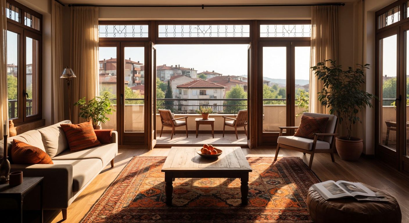 A warm, sunlit Turkish living room with elegant brown PVC windows framing a view of a cozy balcony, their wood-like texture blending seamlessly with the room’s earthy tones and traditional kilim rug.