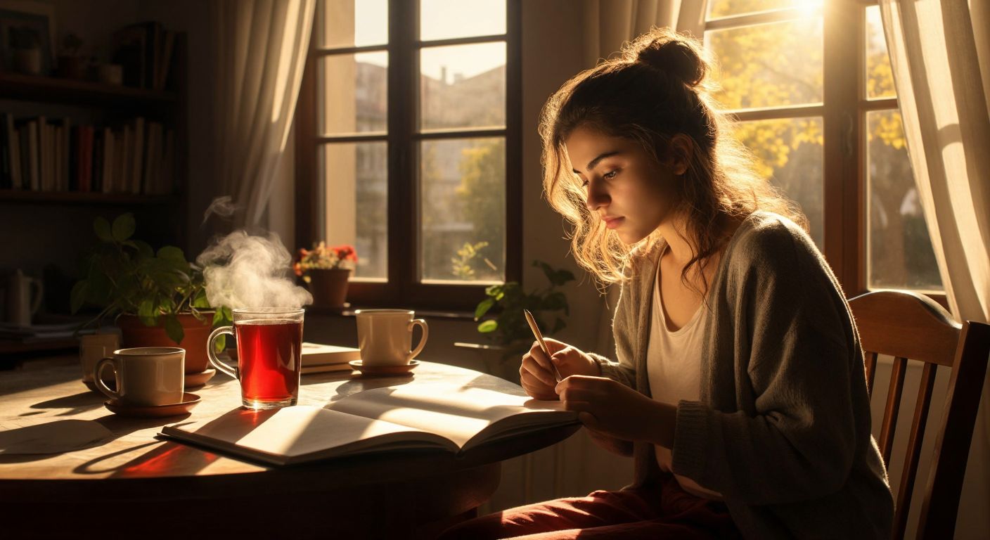 A focused young student in a cozy Turkish home study, bathed in morning sunlight, with a steaming cup of çay beside an open notebook, embodying peak productivity.