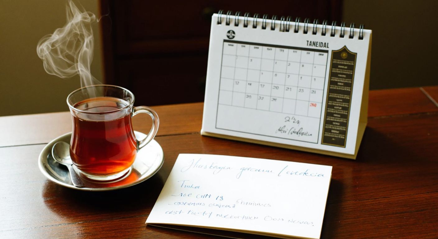 A traditional Turkish desk with a neatly torn calendar page, a steaming cup of çay, and a handwritten note beside it, evoking organization and daily reflection.