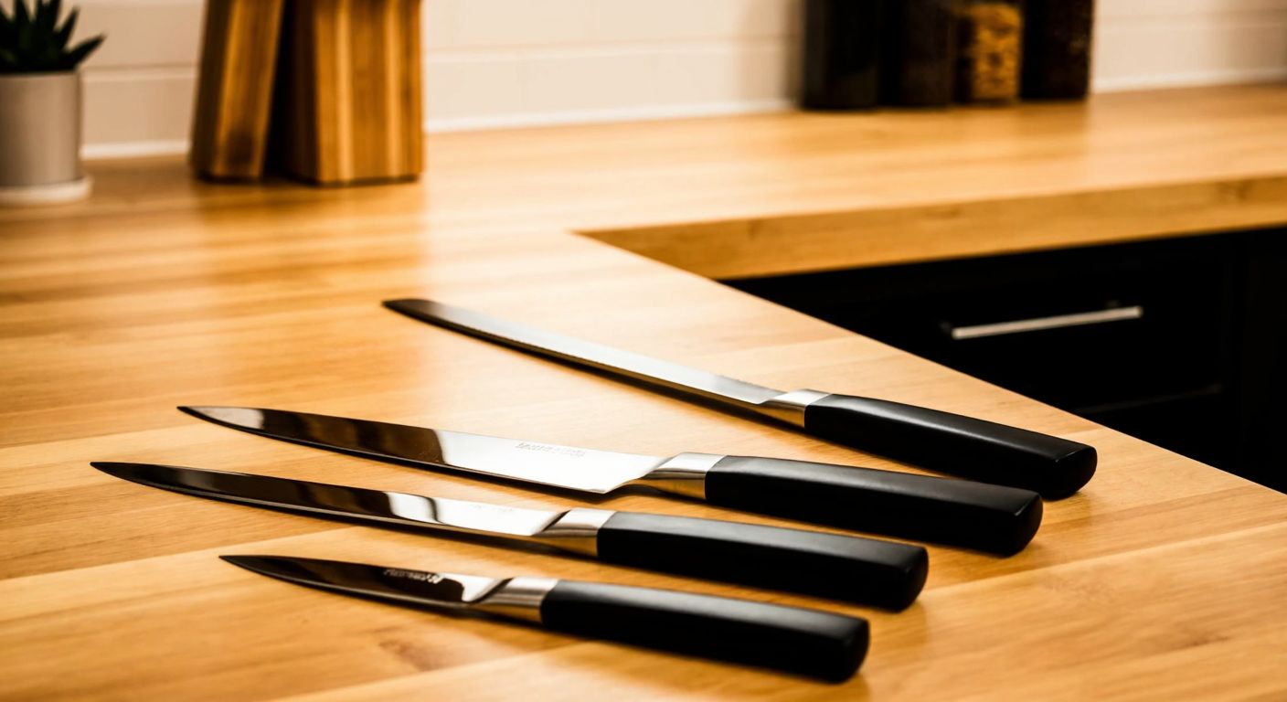 A sleek black steel knife set with three blades of varying lengths (22 cm and two 27.5 cm) neatly arranged on a wooden kitchen counter in a Turkish home, with warm lighting reflecting off the polished metal.