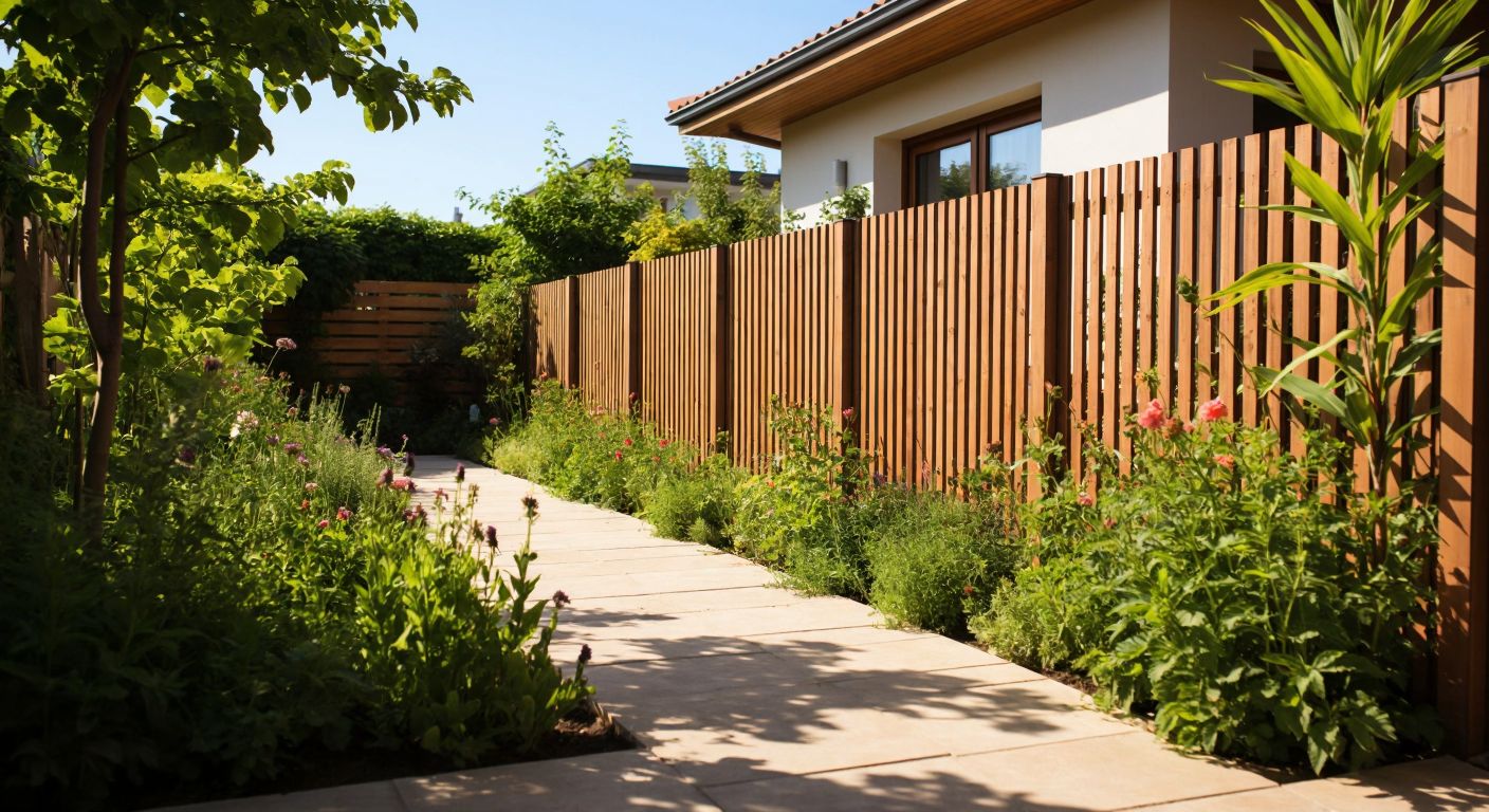 A wooden garden fence standing at least 1.5 meters tall, surrounded by lush green plants and flowers in a sunny Turkish backyard.