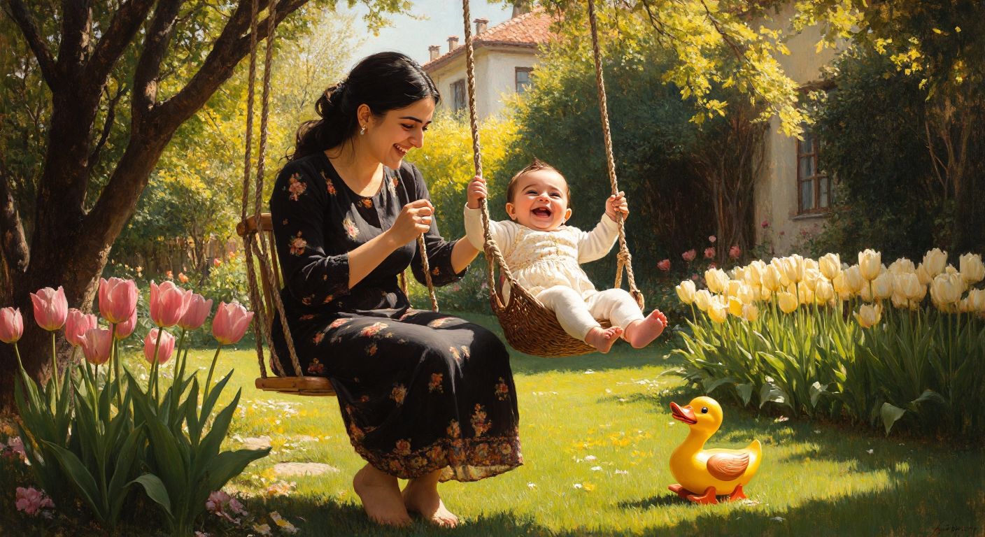 A smiling Turkish mother gently pushes a baby swing in a sunlit garden, while a giggling infant with rosy cheeks enjoys the motion, surrounded by blooming tulips and a wooden toy duck nearby.