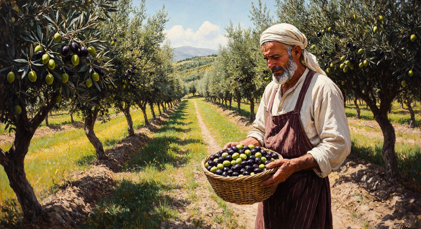 A sunlit Turkish olive grove with rows of trees bearing plump green and black olives, a weathered farmer in traditional clothing gently holding a basket overflowing with various olive varieties.