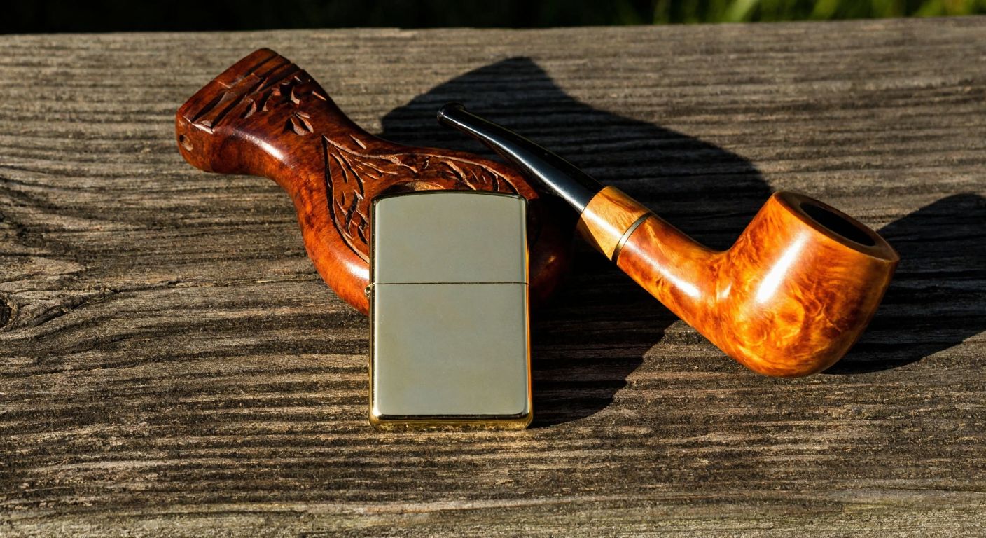 A weathered wooden table holds a classic Zippo pipe lighter beside a richly carved tobacco pipe, with warm golden light reflecting off the brass finish.