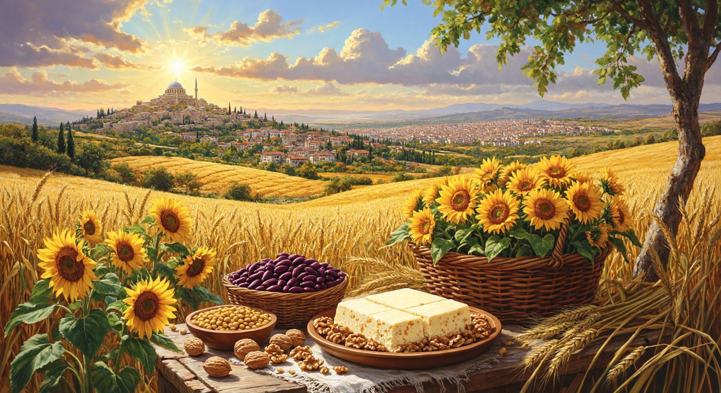 A vibrant Turkish countryside scene with golden wheat fields, a basket of fresh produce like sunflowers and legumes, a plate of peynir helvası (cheese dessert) with walnuts, and a distant view of Parion Antic City under a sunny sky.