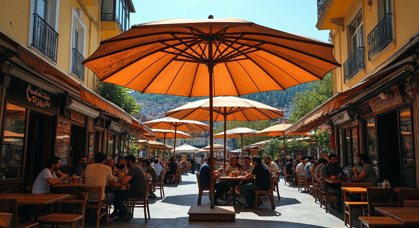 A vibrant outdoor café in Turkey with a towering, wide-open market umbrella shading a wooden table where people enjoy çay, the umbrella's vast canopy stretching over the scene like a protective dome.