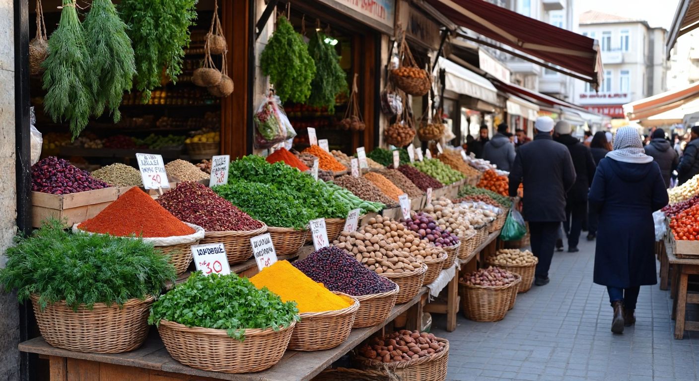 A bustling Turkish open-air market with vibrant green herbs like parsley and dill, colorful spices in small sacks, assorted nuts in woven baskets, and seasonal fruits and vegetables piled high on wooden stalls, surrounded by cheerful vendors and shoppers haggling warmly.