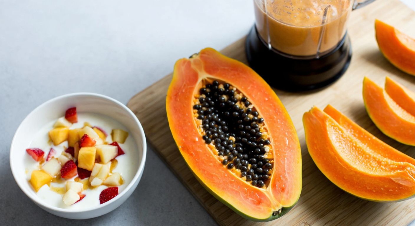 A vibrant, halved papaya with its black seeds scooped out, surrounded by fresh slices on a wooden cutting board, a blender filled with a smoothie, and a bowl of fruit salad with yogurt and honey drizzled on top.