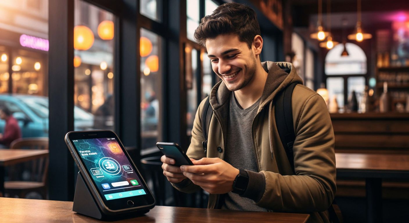 A smiling young adult in a modern Turkish café taps their smartphone against a payment terminal while holding a cup of steaming çay, with a digital wallet interface glowing on the screen.