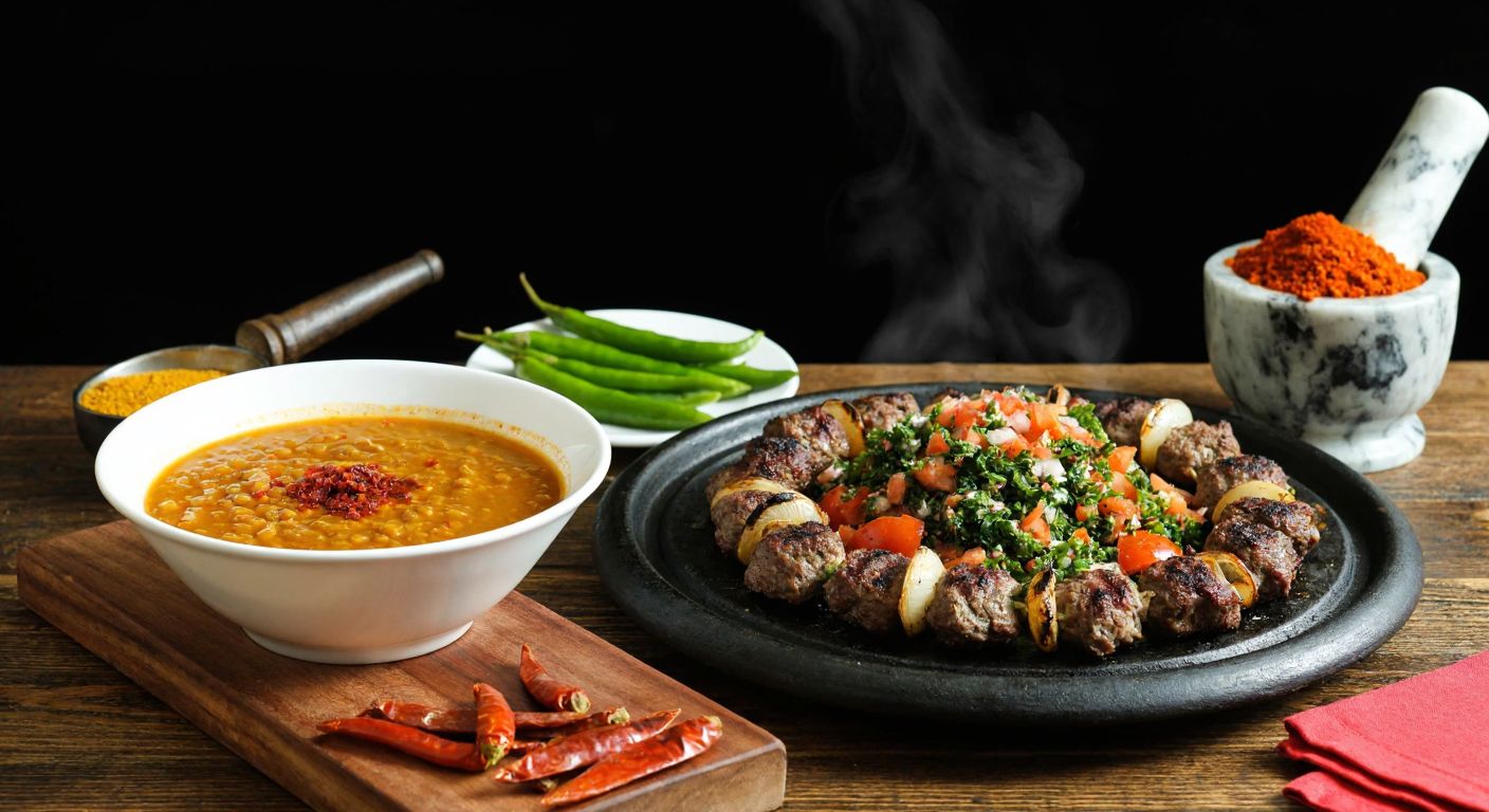 A rustic wooden table in a Turkish kitchen is set with a bowl of steaming lentil soup, a sizzling plate of kebabs, and a colorful kısır salad, all sprinkled with vibrant red yaprak pul biber, while a mortar and pestle filled with the spice sits nearby.