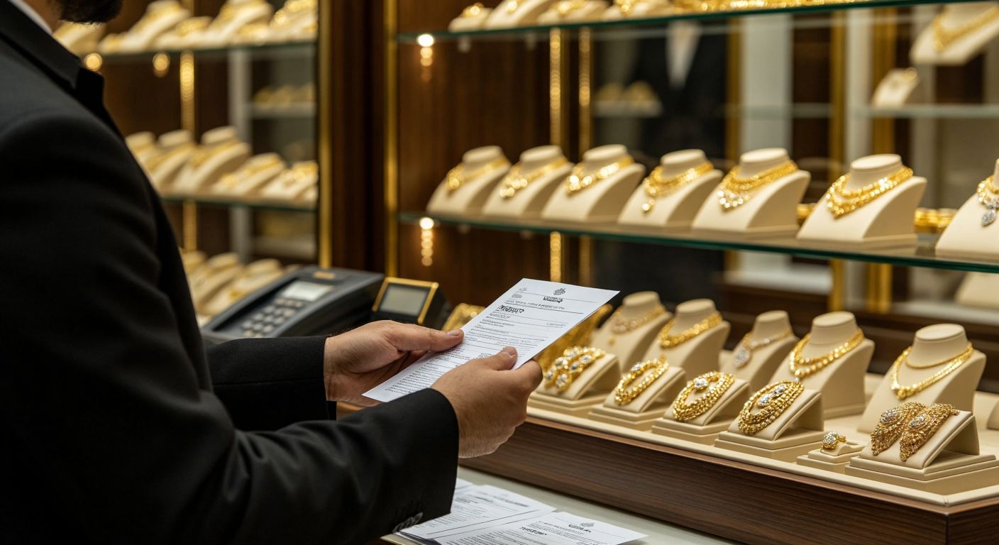 A jeweler in a traditional Turkish gold shop hands a printed receipt to a customer, with a cash register and neatly arranged gold jewelry in the glass display case behind them.