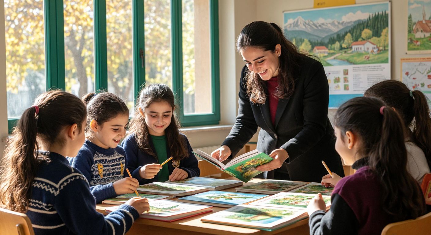 A group of Turkish middle-school students in a sunlit classroom, eagerly flipping through colorful Turkish language textbooks with nature-themed illustrations, while a teacher points to a page with a warm smile.