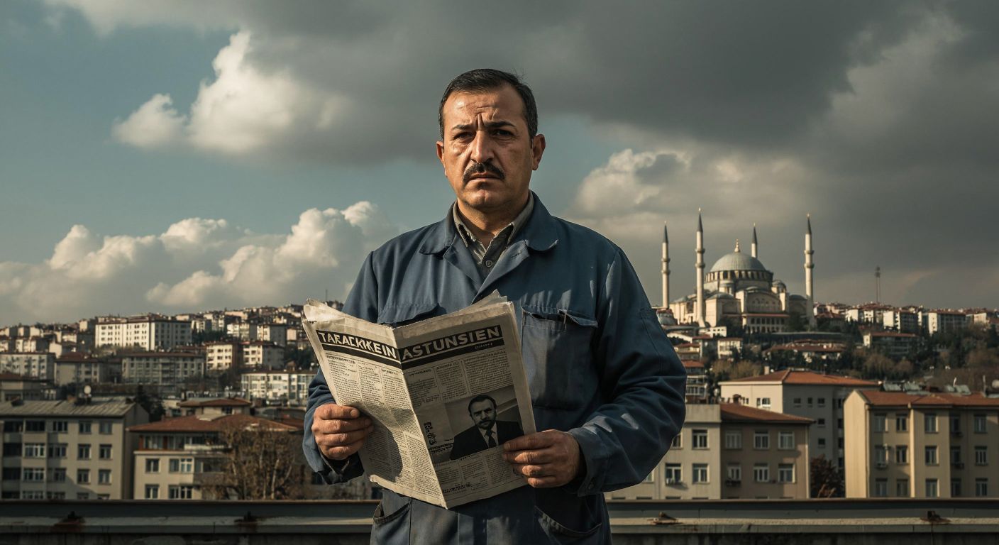 A solemn Turkish worker in a factory uniform holds a folded newspaper with a serious expression, standing against a backdrop of Ankara’s government buildings under a cloudy sky.