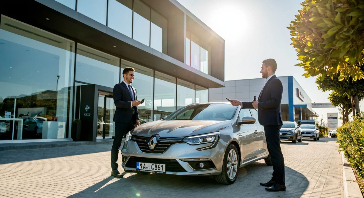 A sleek Renault car parked outside a modern dealership in Turkey, with a well-dressed salesperson handing keys to a smiling customer under a bright sun.