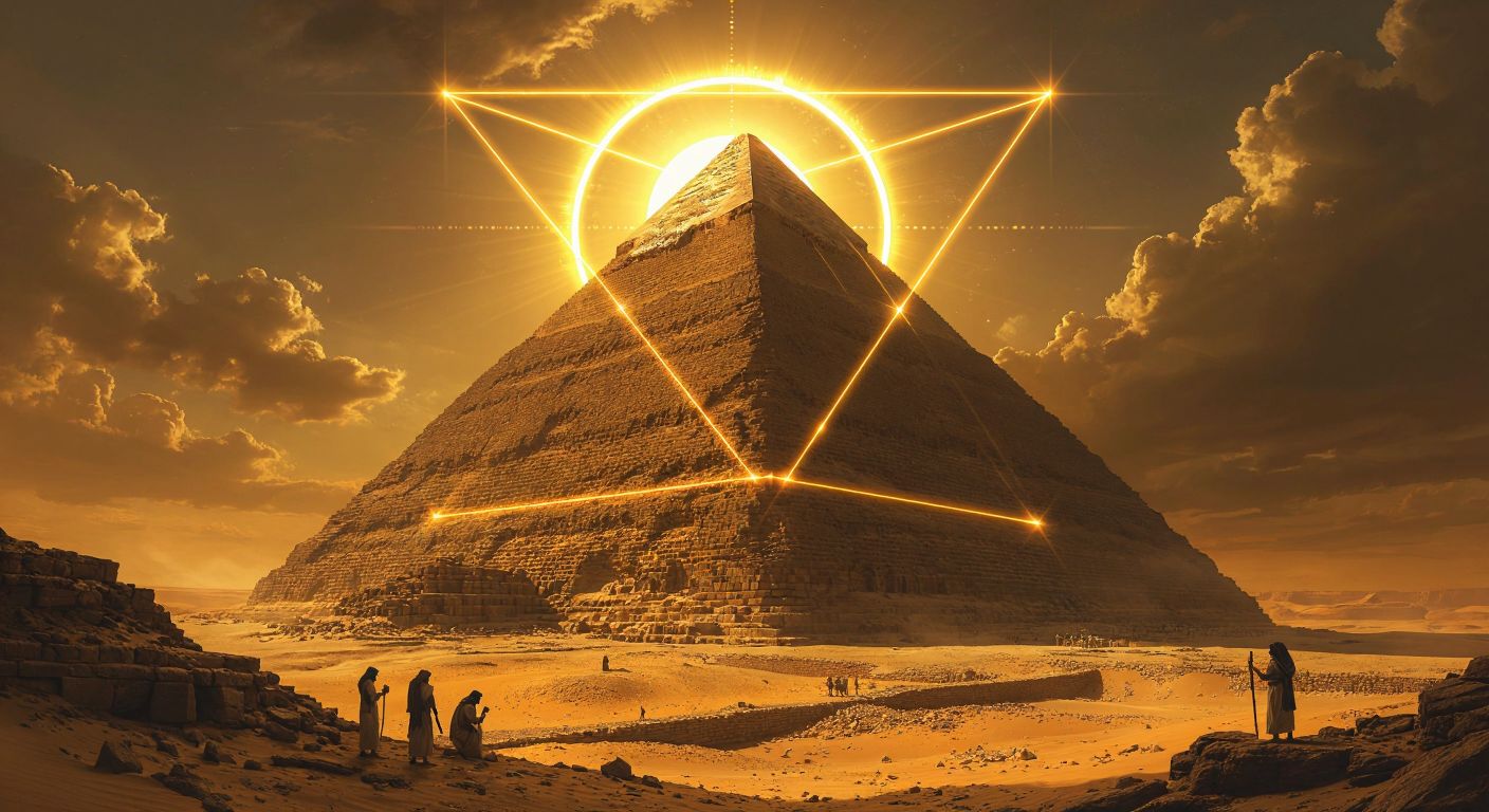 A towering ancient Egyptian pyramid under a golden desert sun, with a glowing geometric overlay of the golden ratio and pi symbol subtly embedded in its structure, surrounded by archaeologists examining scrolls and tools.  

(Note: The description avoids explicit text/symbols by implying the "pi symbol" through visual abstraction and focuses on the Egyptian context as implied by the query.)