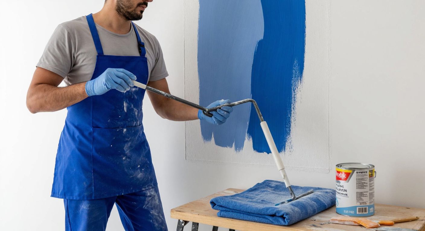 A Turkish painter in a blue work apron smoothly applies water-based matte paint to a white wall with a roller, while a can of paint sits on a drop cloth nearby.