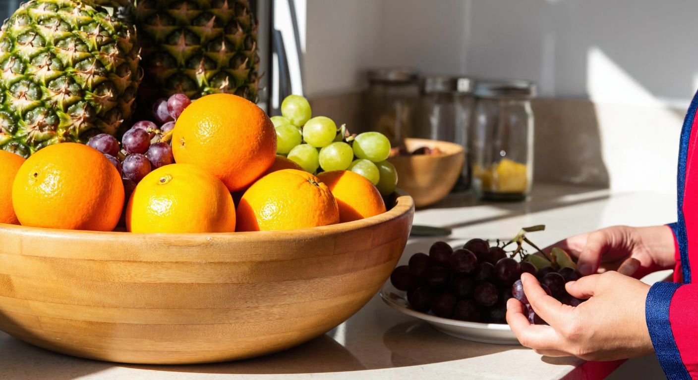 A vibrant wooden bowl filled with fresh oranges, pineapples, and grapes placed on a sunlit kitchen counter in Turkey, with a smiling person in traditional Turkish attire reaching for a slice.