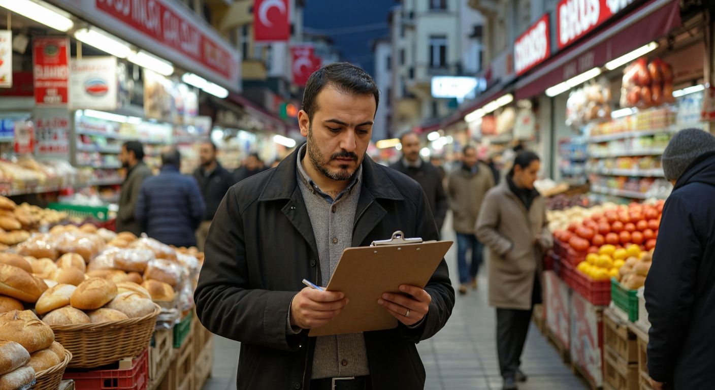 A Turkish economist in a bustling Istanbul market, holding a clipboard while examining prices of bread, milk, and gasoline, with a thoughtful expression as shoppers move around them.