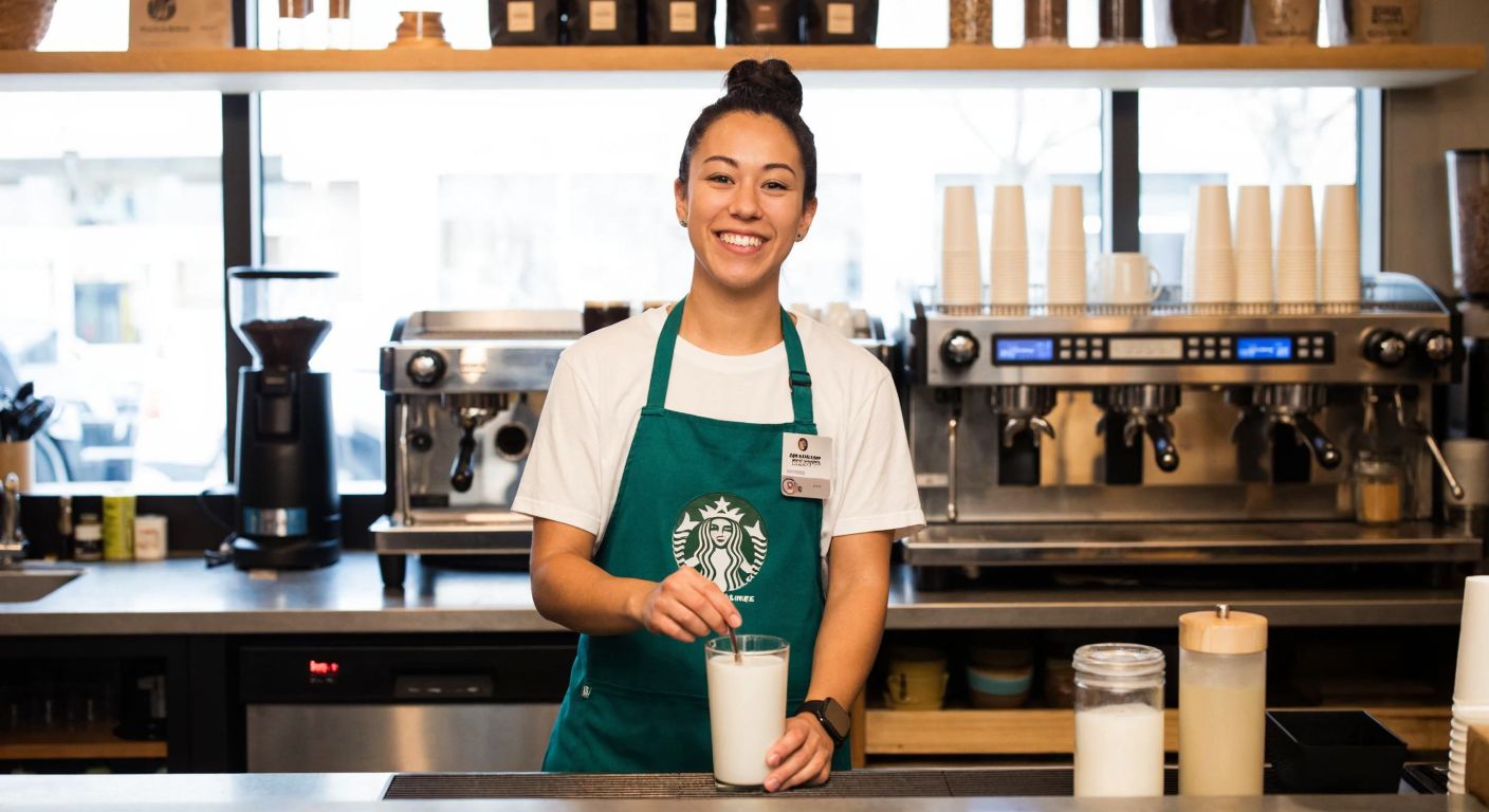 A young barista in a green Starbucks apron smiles warmly while expertly steaming milk behind a counter, surrounded by gleaming espresso machines and shelves of coffee beans in a cozy café.