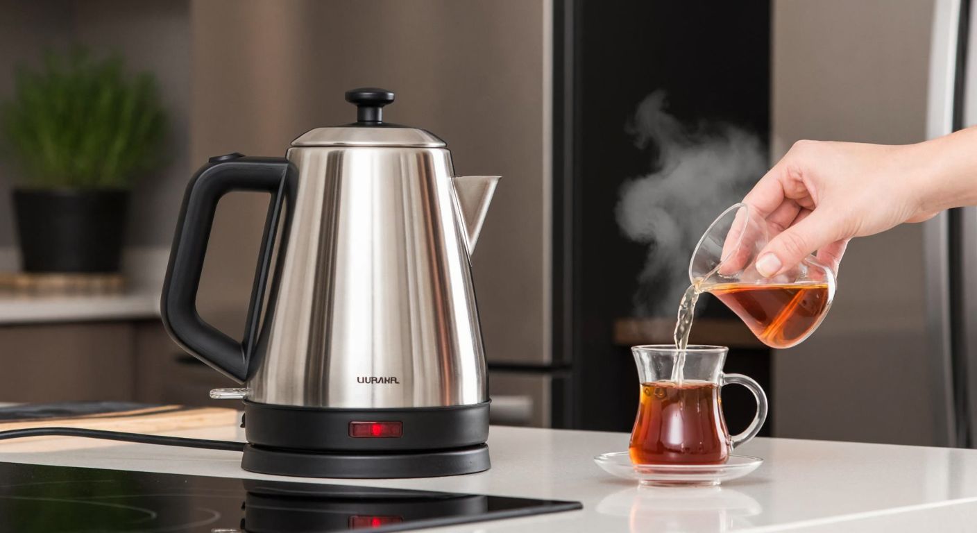 A modern stainless steel electric kettle sits on a Turkish kitchen counter, steam rising gently from its spout as a person carefully pours hot water into a small glass tea cup.