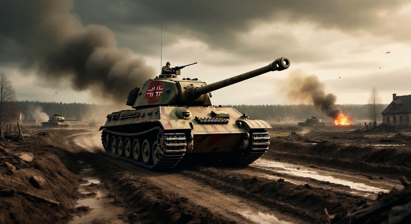 A massive, heavily armored Tiger II tank rumbles through a war-torn European battlefield, its long barrel pointed forward as smoke rises from distant explosions in the muddy, cratered landscape.
