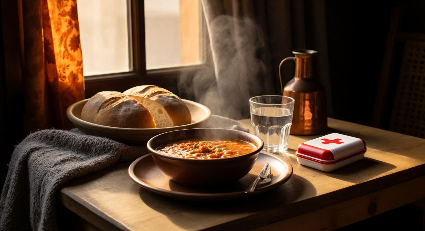 A wooden table in a cozy Turkish home holds a steaming bowl of lentil soup, a loaf of fresh bread, and a glass of water, while a warm woolen blanket and a small first-aid kit sit nearby, symbolizing sustenance and essential needs.