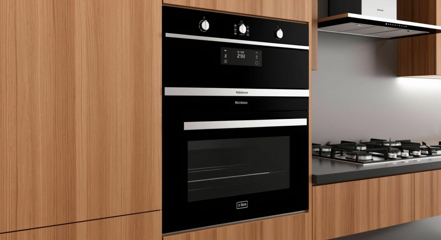 A sleek, modern Turkish kitchen with an anthracite-gray glass-touch built-in oven, a four-burner gas hob, and a matching overhead hood, all neatly integrated into warm-toned wooden cabinetry.