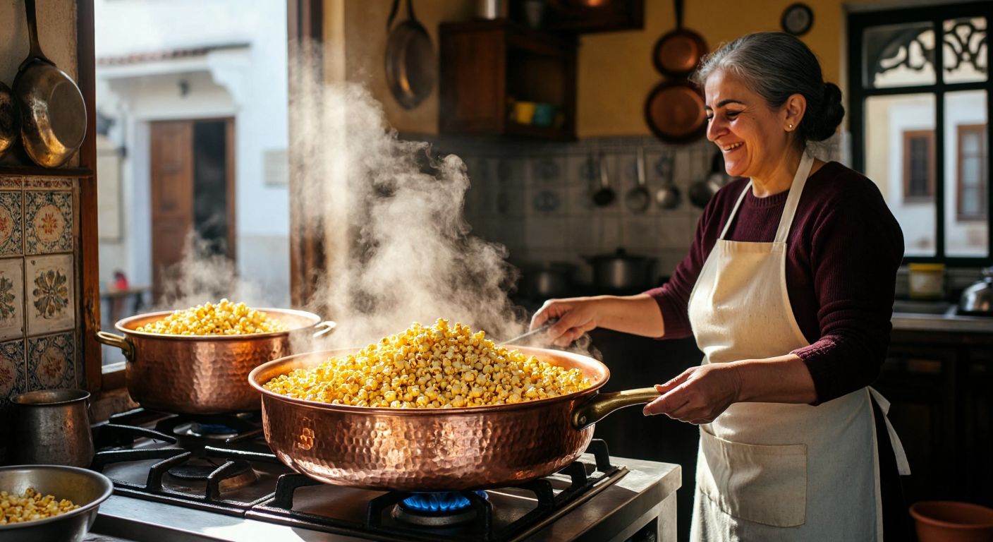 A traditional Turkish kitchen with a copper popcorn pan sizzling on a gas stove, golden popcorn kernels bursting open amid steam, and a smiling elderly woman in an apron watching the process with anticipation.