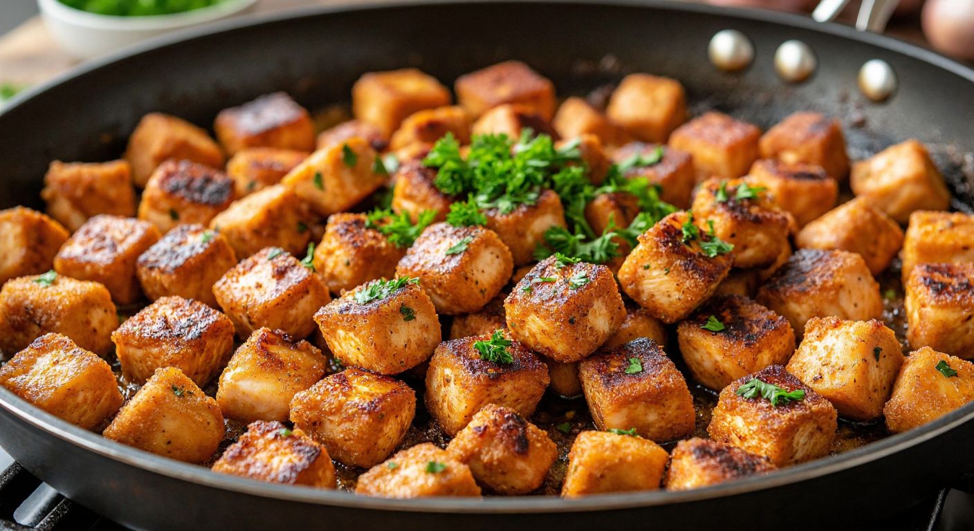 A close-up of golden-brown, bite-sized chicken cubes sizzling in a pan, with fresh parsley sprinkled on top and a warm, inviting kitchen in the background.