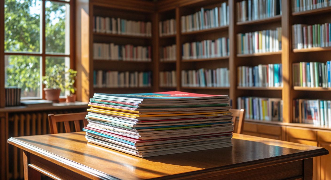 A stack of colorful **Bilim ve Teknik** magazines on a wooden desk in a sunlit Turkish library, with a TÜBİTAK logo subtly embossed on the cover.