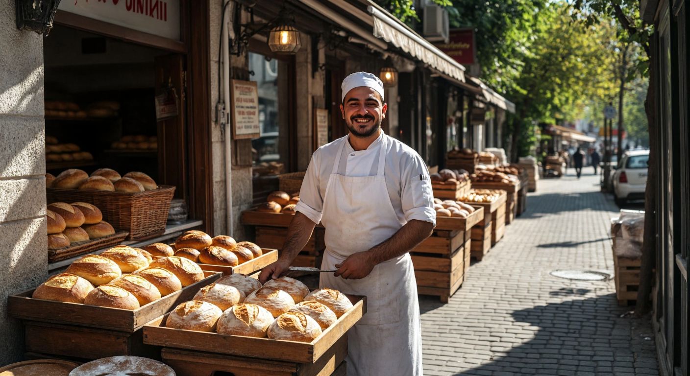 A traditional Turkish bakery in Bakırköy with warm golden bread loaves displayed in wooden trays, a smiling baker in a white apron shaking his head politely, and a sunlit cobblestone street outside.