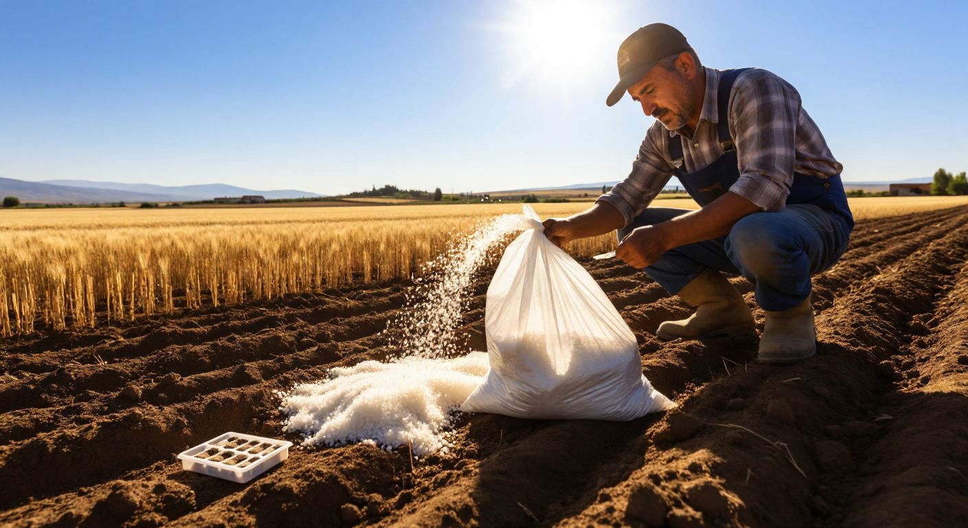 A Turkish farmer in a sunlit wheat field carefully sprinkling white urea fertilizer from a sack onto the rich brown soil, with a soil sample kit resting nearby.