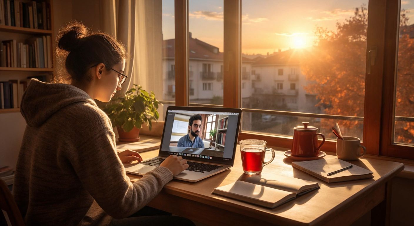 A young Turkish student sits at a wooden desk by a sunlit window, attentively watching a laptop screen displaying a virtual classroom with a professor lecturing, while a steaming cup of çay rests beside a notebook filled with handwritten notes.