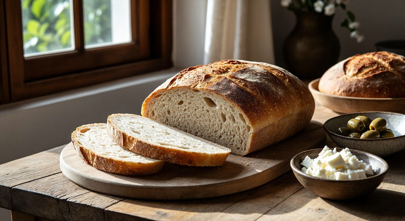 A rustic wooden table in a sunlit Turkish kitchen holds a freshly baked loaf of Untad bread, sliced to reveal its dense, grainy texture, alongside a bowl of olives and a small plate of white cheese, evoking a wholesome, natural meal.