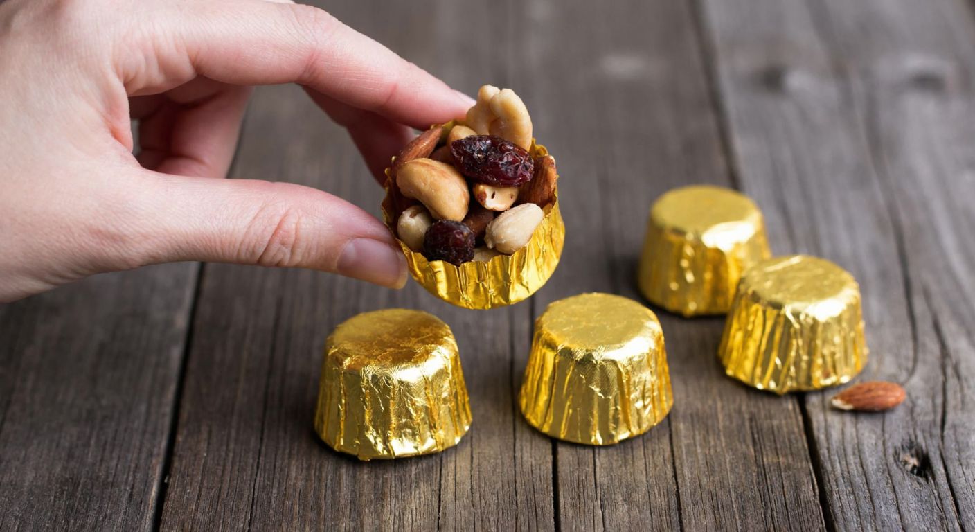 A hand holding a small, crinkly golden wrapper filled with assorted nuts and dried fruits, resting on a rustic wooden table with a few identical unwrapped bars scattered nearby.