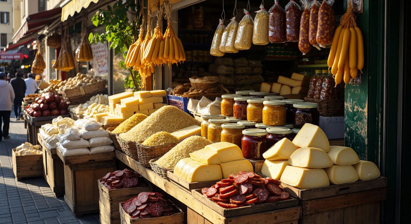 A vibrant Turkish market stall overflowing with Ramazan essentials: sacks of bulgur and rice, jars of tahini and jam, wheels of cheese, strings of sucuk, and bottles of sunflower oil, all bathed in warm golden light.