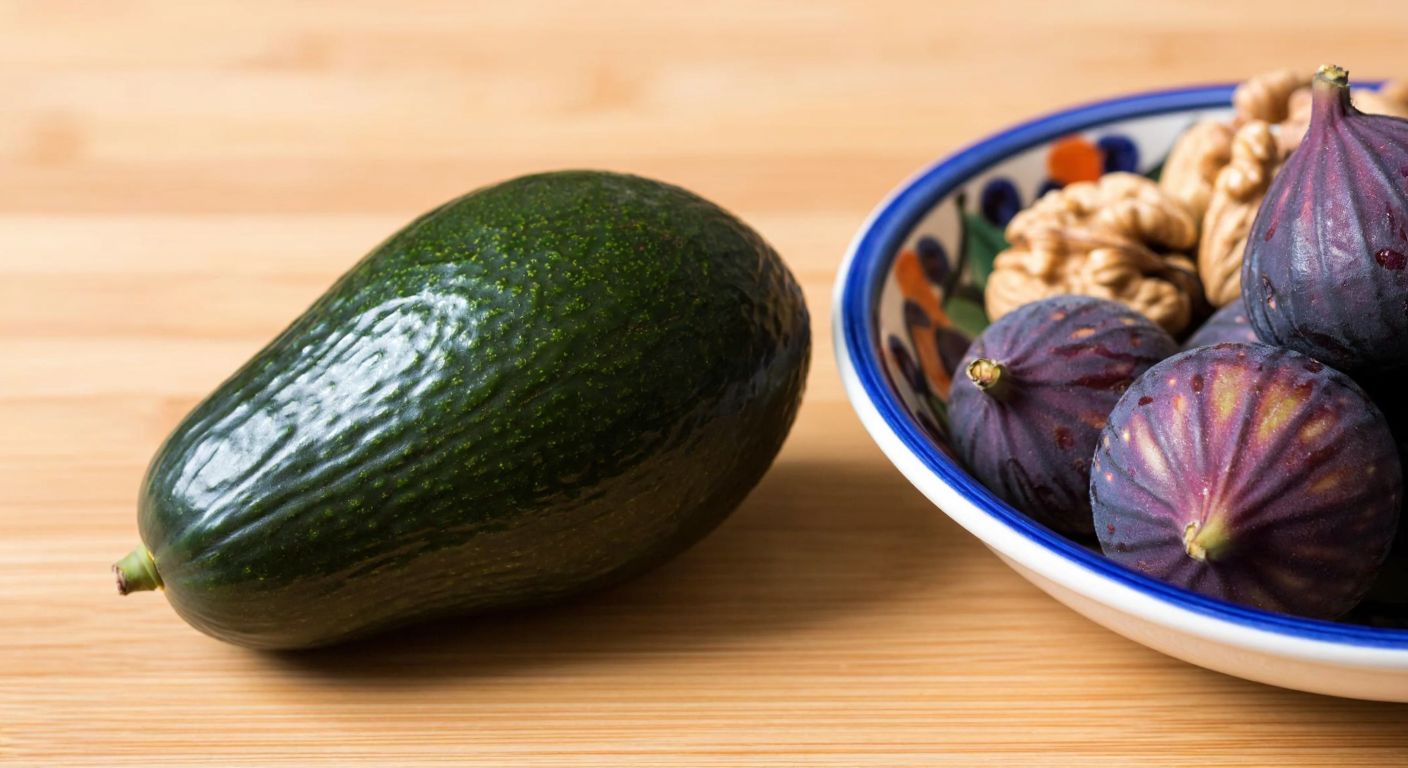 A ripe avocado with a glossy green skin resting on a wooden table next to a traditional Turkish ceramic bowl filled with fresh figs and walnuts.