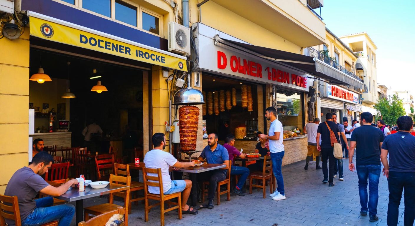 A bustling street in Nicosia with a vibrant döner shop in Ortaköy, where golden-brown meat rotates on a vertical spit, surrounded by locals chatting and enjoying the aroma of freshly grilled food.