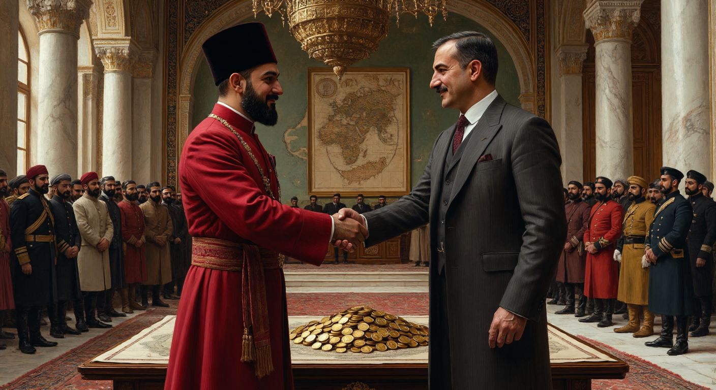 A solemn Ottoman official in a red fez and dark robe shaking hands with a British diplomat in a tailored suit, standing in a grand palace hall with war maps and gold coins on a table between them.