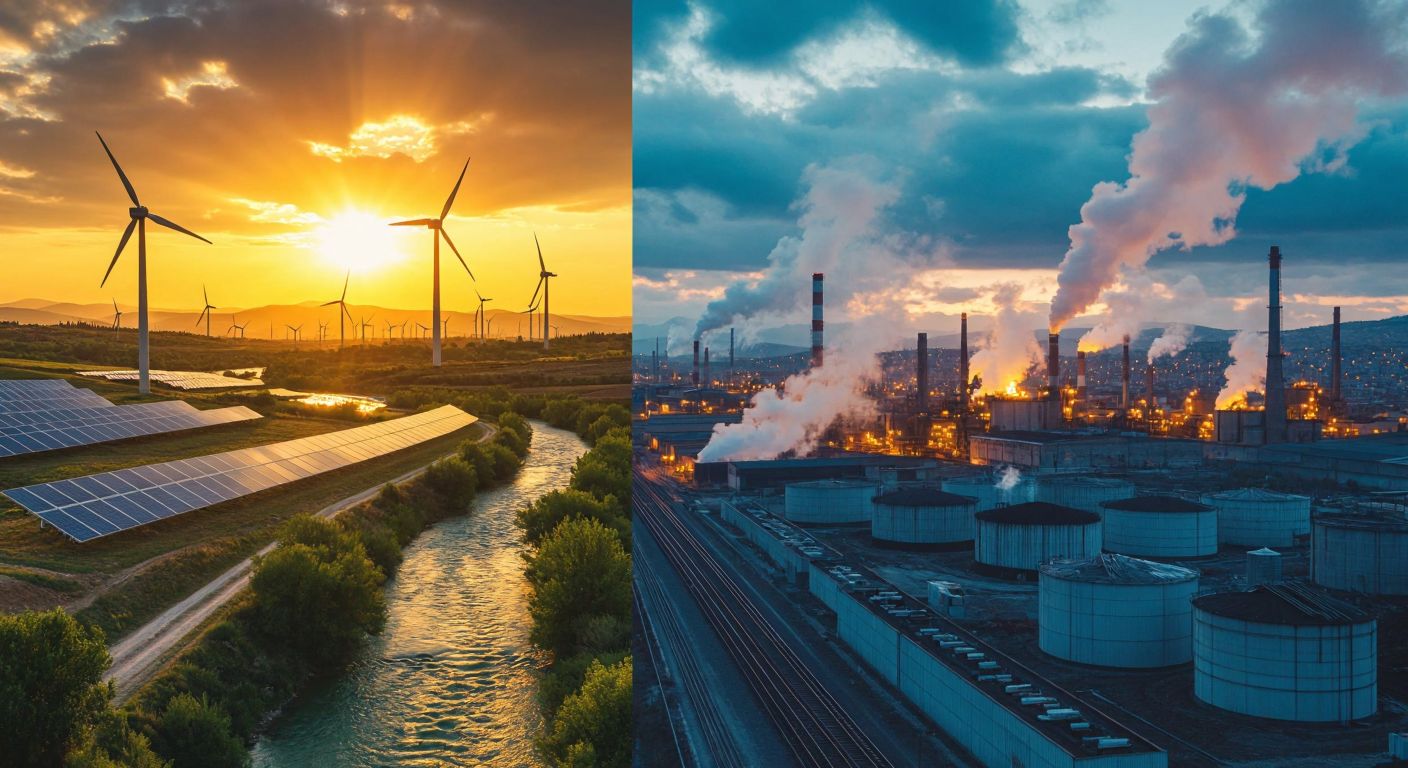 A vibrant split-image: on the left, a sunlit Turkish landscape with solar panels, wind turbines, and a flowing river (renewable energy); on the right, a dark industrial scene with smoking coal stacks and oil rigs (non-renewable energy).