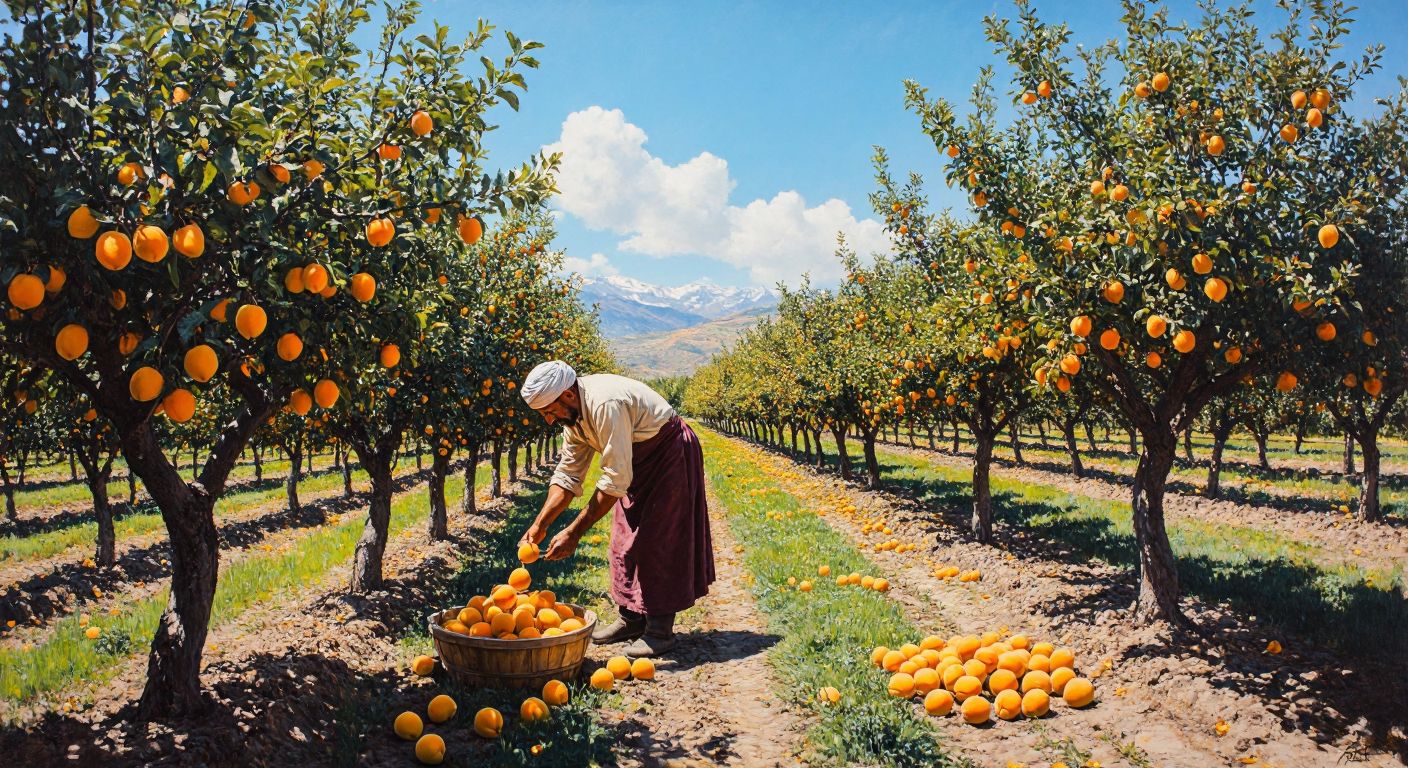 A sunlit orchard in Malatya with rows of apricot trees heavy with golden-orange fruit, a farmer in traditional Turkish clothing carefully picking them under a bright blue sky.