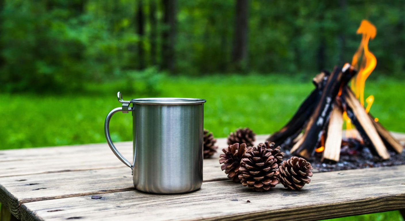 A rugged stainless steel camping mug with a carabiner clip sits on a wooden picnic table in a lush green forest, surrounded by scattered pine cones and a small campfire nearby.